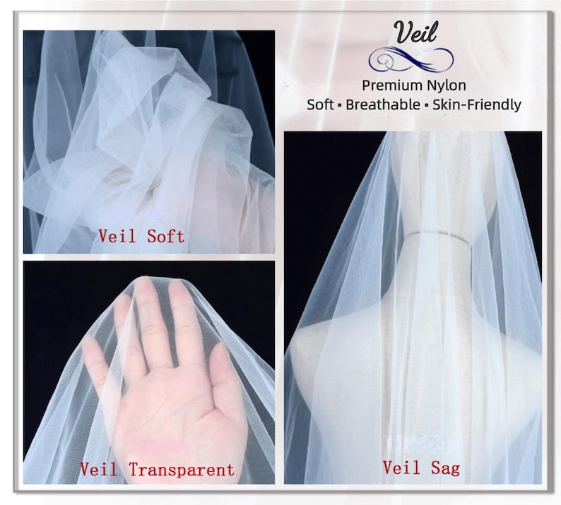 May include: A white nylon veil featuring a soft, breathable, and skin-friendly texture. The image displays the fabric's transparency and drape, with text labels reading Veil, Premium Nylon, Soft, Breathable, Skin-Friendly, Veil Soft, Veil Transparent, and Veil Sag.