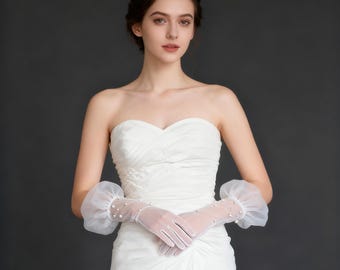 Romantic Ruffled Pearl Bridal Gloves, Light Ivory Tulle Wedding Gloves, Sheer Pearl Gloves for Bride, Vintage Wedding Accessories