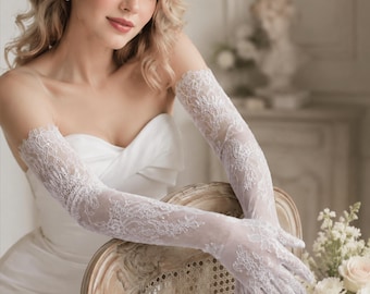 Lange Tüllspitze Brauthandschuhe - schiere Elfenbein Hochzeit Accessoires, für Kirche,Garten oder Fotoshooting