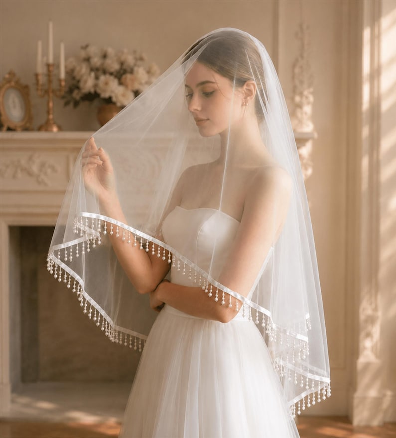 Op de afbeelding: Een doorschijnende witte bruidssluier met een delicate kralenrand. De sluier is gedrapeerd over een witte strapless trouwjurk. De rand heeft kleine, ronde kralen. De algehele uitstraling is elegant en romantisch.