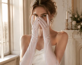 Luvas longas transparentes em tom marfim claro para noivas – Acessórios minimalistas para casamento, elegantes luvas de ópera em nylon.