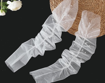 Sheer Tulle Pearl Bridal Gloves, Ruched Wedding Arm Gloves, Elegant Bridal Accessories, Light Ivory or Black Wedding Gloves