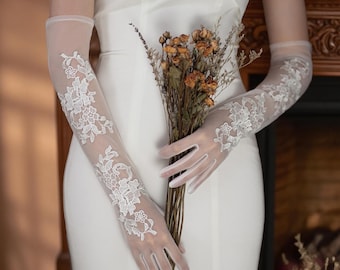 Lange Spitzen-Brauthandschuhe Ivory - Ellenbogenlange Hochzeitshandschuhe Elegante Vintage Spitzenhandschuhe für die Romantische Braut