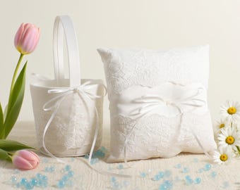 Elegant Wedding Ceremony Set | Lace Ring Bearer Pillowv& Flower Girl Basket