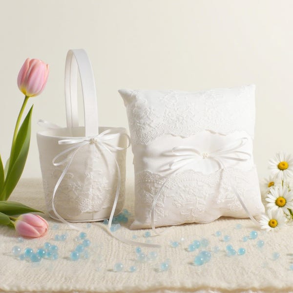 Elegant Wedding Ceremony Set | Lace Ring Bearer Pillowv& Flower Girl Basket