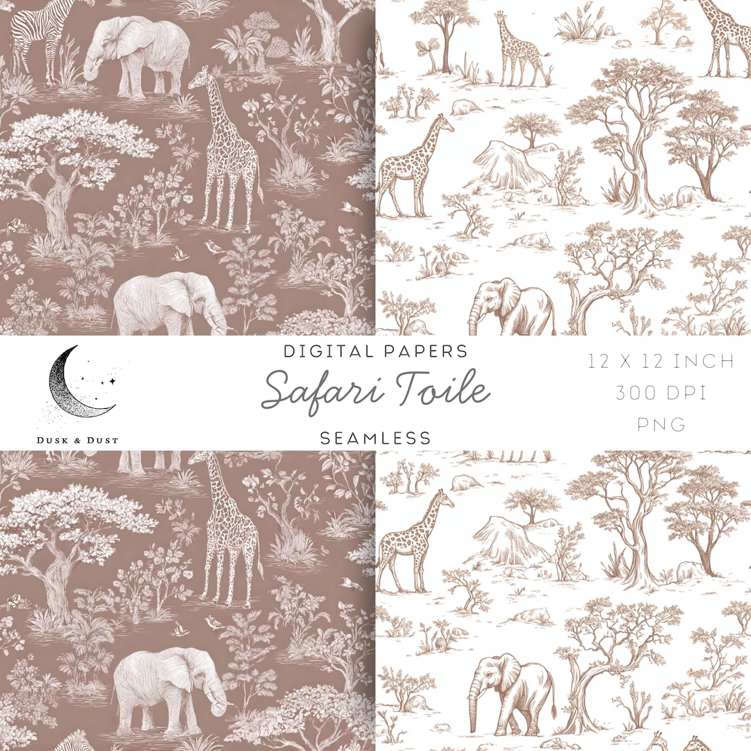 Neutral Safari Toile Seamless Pattern, Nursery Animals Digital Paper ...