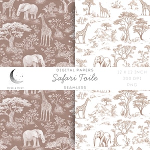 May include: Digital papers featuring a seamless Safari Toile pattern. The design includes illustrations of giraffes, elephants, trees, and other wildlife in a sepia tone. The text on the image reads "Safari Toile" and "12 x 12 inch".