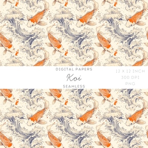Puede incluir: Papel digital sin costuras con peces koi naranjas nadando en un mar de olas azules y blancas. El diseño incluye el texto "Koi" y "Seamless". El papel mide 30,48 x 30,48 cm.