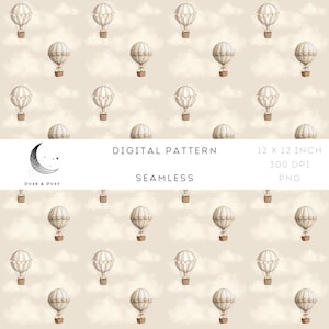 Può includere: Un motivo digitale senza cuciture con illustrazioni ripetute di mongolfiere beige e bianche e nuvole soffici. Il design include il testo "Digital Pattern" e "Seamless".