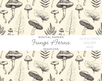 Vintage Toile Mushrooms Seamless Pattern - Cottagecore Woodland Digital Paper for Printables & Design, Instant download