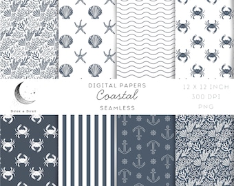Coastal Blue and White Seamless Patterns, Nautical Digital Paper Pack, Classic Maritime Nursery Wallpaper
