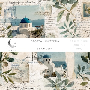 Könnte beinhalten: Digitales nahtloses Muster mit einer griechischen Insel mit weißen Gebäuden, blauen Kuppeln und Meerblick. Das Design umfasst Vintage-Briefmarken, handschriftliche Schriftzüge und Olivenzweige. Das Muster ist 30,48 x 30,48 cm groß.