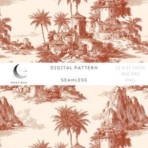 Könnte beinhalten: Nahtloses digitales Muster in Sepia-Tönen, das eine Küstenlandschaft mit Palmen und Bergen zeigt. Das Design enthält den Text "DIGITAL PATTERN" und "SEAMLESS". Das Muster misst 30,48 x 30,48 cm.
