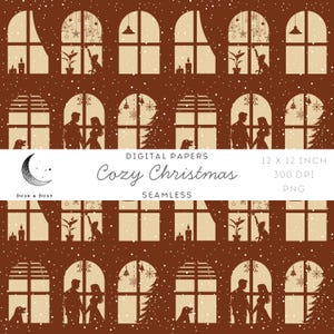 May include: A seamless digital paper design with a cozy Christmas theme. The repeating pattern features silhouettes of windows, couples, cats, dogs, candles, and Christmas trees against a brown background. The text reads "Cozy Christmas".