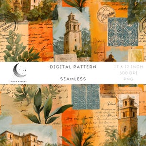 Könnte beinhalten: Ein digitales nahtloses Muster mit einer Collage aus Vintage-Architekturillustrationen, botanischen Elementen und handschriftlichem Skript. Das Design verwendet eine warme Farbpalette aus Orange, Gelb und Türkis, mit dem Text "DIGITAL PATTERN" und "SEAMLESS". Das Muster ist 30,48 x 30,48 cm groß.
