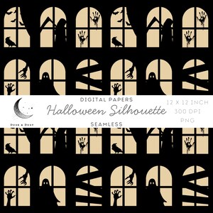 May include: A repeating pattern of Halloween-themed silhouettes. The design features arched windows with various spooky elements like bats, crows, and ghostly figures. The text reads "Halloween Silhouette" and "12 x 12 inch".