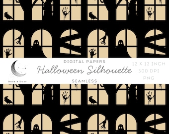 Haunted Window Silhouettes – Seamless Halloween Pattern, Spooky Digital Paper, Horror Printable, Creepy Scene Background