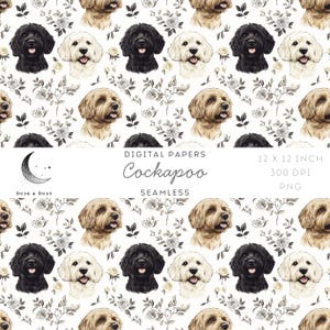 Könnte beinhalten: Digitales Papier mit einem nahtlosen Cockapoo-Muster in Schwarz, Creme und Hellbraun. Das Design umfasst florale Akzente auf weißem Hintergrund. Das Bild ist 30,48 x 30,48 cm groß.