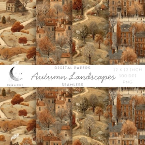 Pode incluir: Papéis digitais com paisagens de outono sem costura. O design inclui ilustrações de casas, árvores e caminhos sinuosos em tons de castanho, laranja e bege. O texto "Autumn Landscapes" é exibido em uma fonte elegante, com dimensões de 30,48 x 30,48 cm.