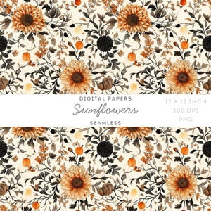 Aquarell Sonnenblume nahtlose Muster, Herbst Floral digitales Papier, rustikale Herbst-Wiederholung Design PNG