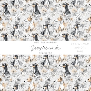 May include: Seamless digital paper featuring a repeating pattern of greyhounds and floral elements in shades of grey, beige, and white. The text "Greyhounds" and "Seamless" are included in the design. The paper is 12 x 12 inches.