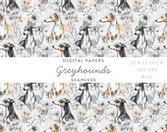 Pode incluir: Papel digital sem costura com um padrão repetido de galgos e elementos florais em tons de cinza, bege e branco. O texto "Greyhounds" e "Seamless" está incluído. O papel mede 30,48 x 30,48 cm.