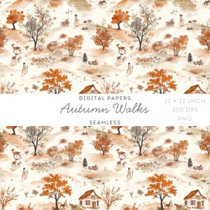 Peut inclure: Papier numérique sans couture sur le thème de l'automne. Le motif présente des illustrations à l'aquarelle d'arbres aux feuilles orange et marron, de cerfs, de maisons et de personnages marchant sur des collines. Le texte "Autumn Walks" est inclus. Le papier mesure 30.48 x 30.48 cm.