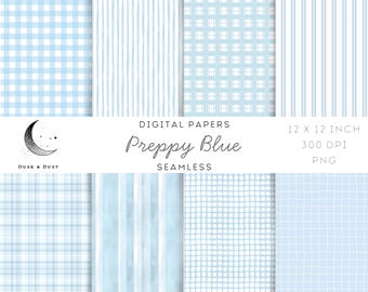 Preppy Blue Seamless Digital Paper – Gingham, Stripes & Watercolor Nursery Backgrounds