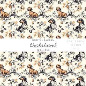 May include: A seamless digital paper design with a repeating pattern of dachshunds in different colors, sitting on branches with leaves. The design includes the text "Digital Papers," "Dachshund," and "Seamless." The paper measures 30.48 x 30.48 cm and is 300 DPI.