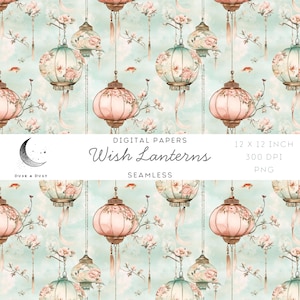 May include: A seamless digital paper design featuring hanging lanterns in shades of pink and teal, adorned with floral patterns and tassels. The text "Wish Lanterns" and other details are included. The paper measures 12 x 12 inches.