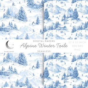 Pode incluir: Conjunto de papéis digitais com um design Alpine Winter Toile sem costura. O padrão apresenta uma paisagem de inverno com esquiadores, cabanas e árvores em tons de azul e branco. O texto "Alpine Winter Toile" está incluído.