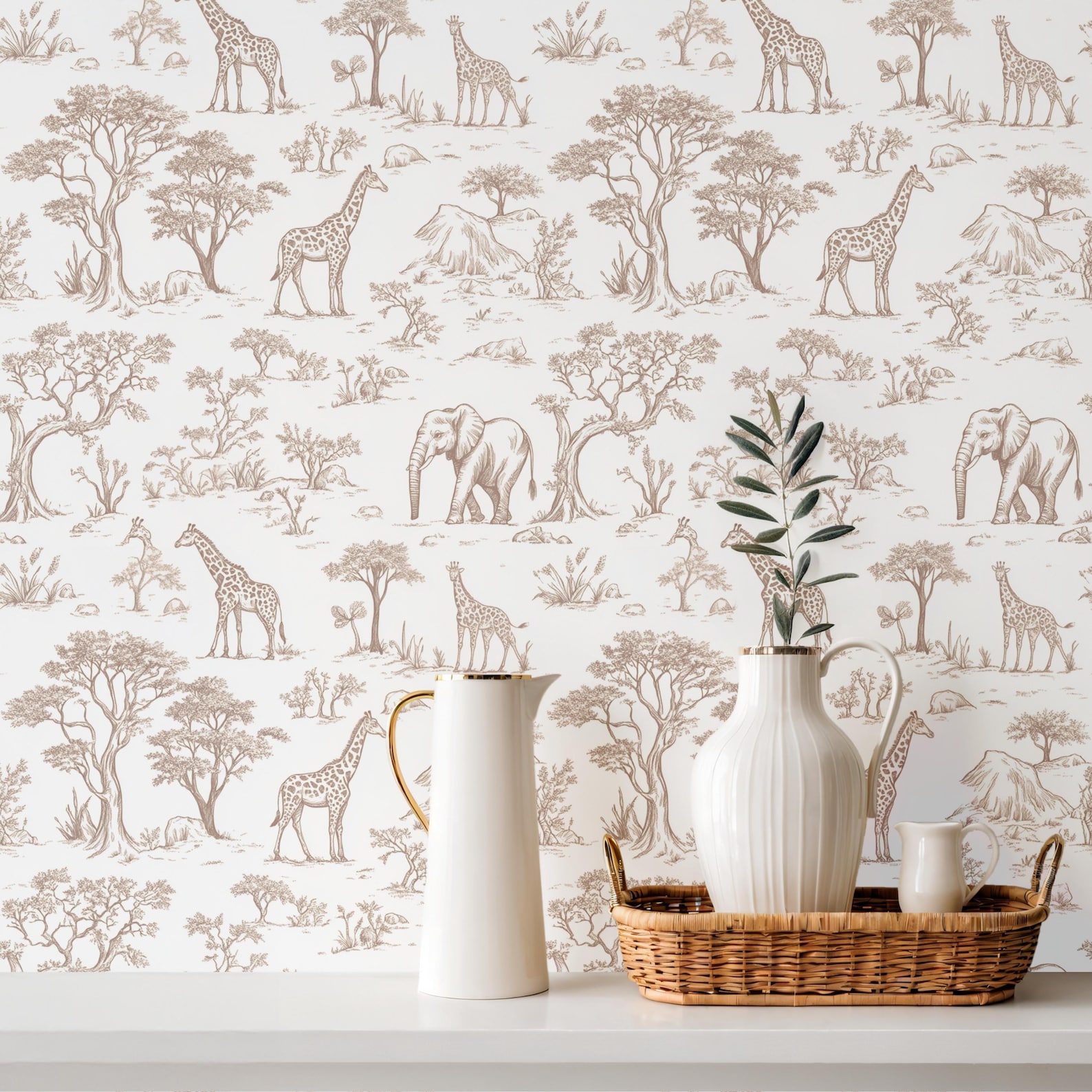 Neutral Safari Toile Seamless Pattern, Nursery Animals Digital Paper ...