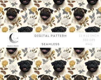 Pug Seamless Pattern: Fawn & Black Dog with Roses (Digital Paper)