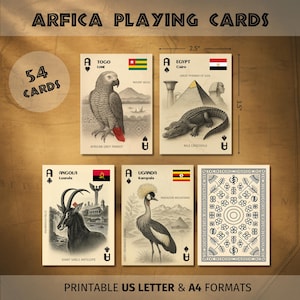 May include: A deck of 54 playing cards with African themes. Each card, measuring approximately 6.35 cm x 8.89 cm, features illustrations of animals, landmarks, and flags from African countries. The deck includes cards with the text "ARFICA PLAYING CARDS" and "PRINTABLE US LETTER & A4 FORMATS".
