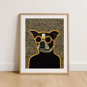 Mid Century Modern Boston Terrier Poster, druckbare MCM Hunderasse Wandkunst, minimalistisches Retro-Haustierdekor