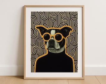 Mid Century Modern Boston Terrier Poster, Printable MCM Dog Breed Wall Art, Minimalist Retro Pet Decor