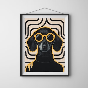 Mid Century Modern Dackel Poster, druckbare MCM Hunderasse Wandkunst, minimalistisches Retro-Haustier-Dekor