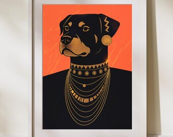 Póster elegante de rottweiler, arte de pared de perro negro y dorado, estilo egipcio, decoración moderna para guardería, sala de estar, dormitorio, regalo para amantes de los perros, descarga instantánea.