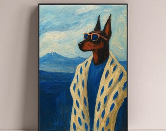 Puede incluir: Impresión artística enmarcada que presenta un Doberman Pinscher con gafas de sol y un chal estampado. El perro se representa contra un paisaje azul y blanco, creando una estética caprichosa. Una pieza única de decoración mural.