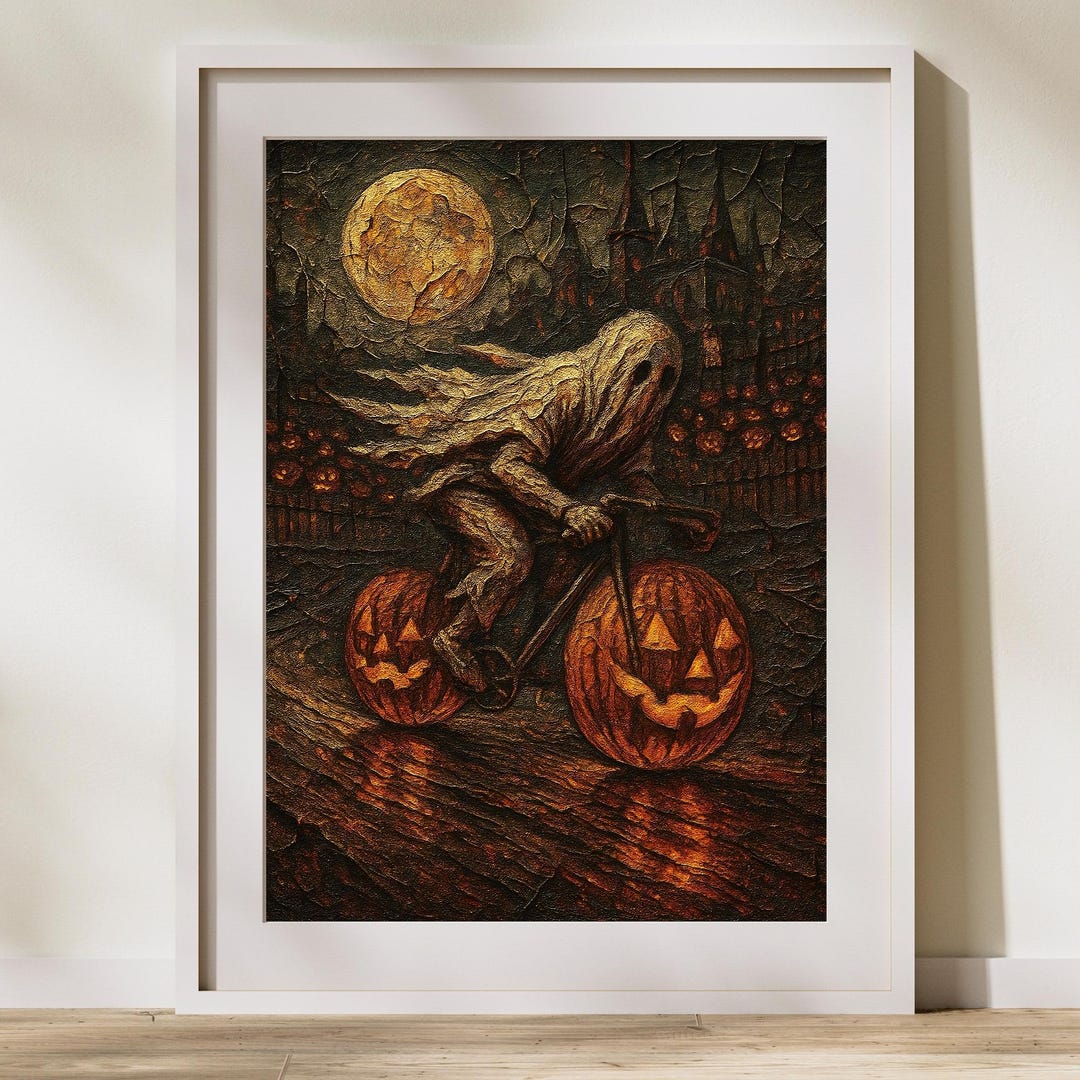 Spooky Halloween Poster | Creepy Ghost Pumpkin Bike Art | Vintage ...