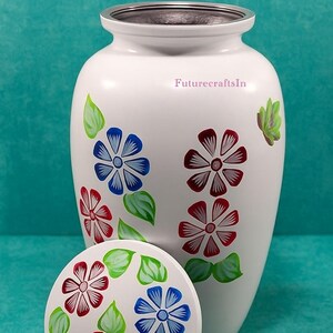 White Hand Painted Floral Cremation Urn for Ashes – Colorful Flower Design – Adult Memorial Keepsake Funeral Ashes Containe with Velvet bag