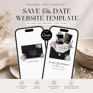 May include: An editable Canva Save the Date website template displayed on two smartphones. The design features black envelopes, floral illustrations in purple and white, and text including "Welcome to our wedding" and "Clara & Thomas".