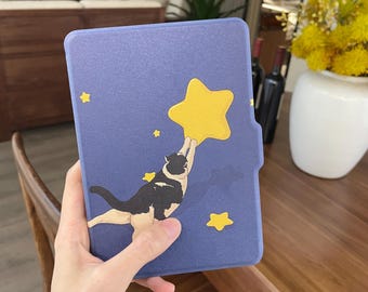 Cute Cat Star Kindle Case, Kawaii Night Sky Illustration, Aesthetic Magnetic Flip eReader Cover for Kindle Paperwhite, Kobo, Kindle 11th