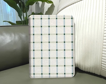 Green Plaid Kindle Case, Minimal Checkered Pattern, Aesthetic Magnetic Flip eReader Cover for Kindle Paperwhite, Kobo, Kindle 11th