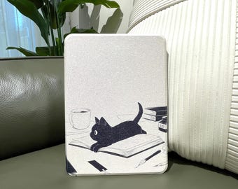 Black Cat Kindle Magnetic Back Cover Kobo Case Compatible with Paperwhite Oasis Scribe Libra ClaraHD Cat Reading Illustration Design Edition