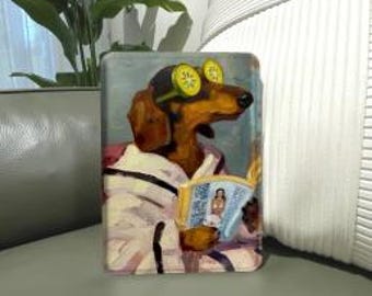 Dachshund Reading Book Kindle Case, Artistic Dog Lover Illustration, Magnetic Flip eReader Cover