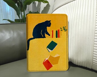 Minimalist Cat & Books Kindle Case, Magnetic Flip Cover, Custom Name eReader Case for Kindle Paperwhite, Oasis, Kobo Clara HD, Kindle 11th