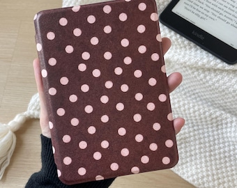 Brown Pink Polka Dot Kindle Case, Retro Magnetic Flip eReader Cover