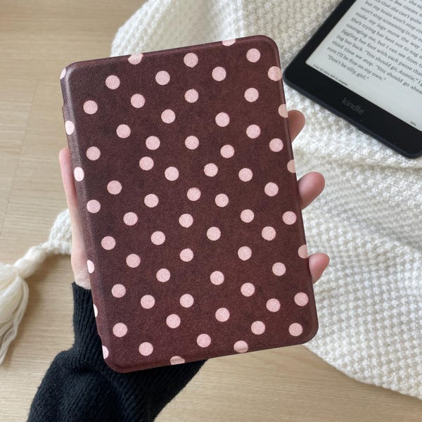 ブラウンピンクの水玉模様のKindleケース、レトロなマグネット式フリップ電子書籍リーダーカバー