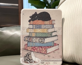 Black Cat on Books Strong Magnetic Kindle Case Kindle Paperwhite Case 2024 Edition Kobo Case with Hand Strap Minimalist Kobo Clara Case